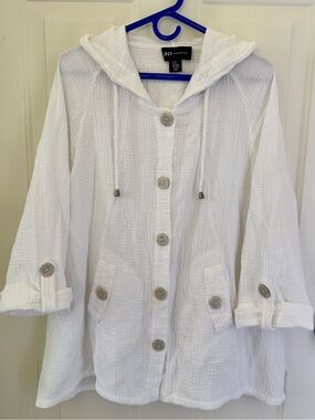 NY Collection White Hooded Button-Up Gauze Jacket